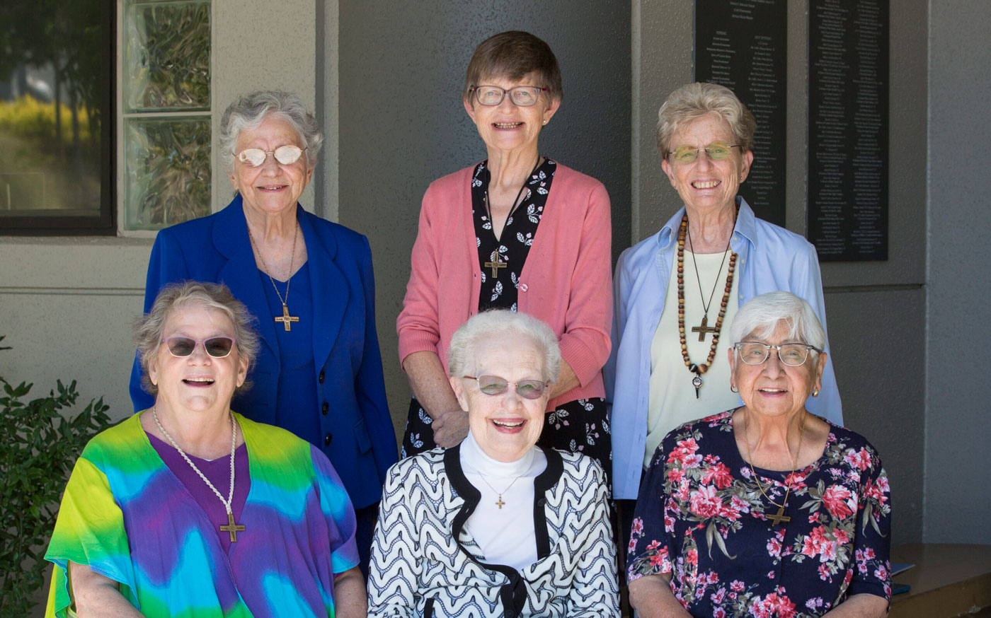 2023 Jubilee in Belmont Calif. Pictured sitting Sisters Cathy Waldron Roseanne Murphy Natalia Carrasco standing Yvonne Bondi Kathryn Keenan and Phyllis DAnna Top row: (Left-Right) Sisters Yvonne Bondi, Kathryn Keenan, Phyllis D'Anna. Bottom: (Left-Right) Sisters Cathy Waldron, Roseanna Murphy, and Natalia Carrasco.