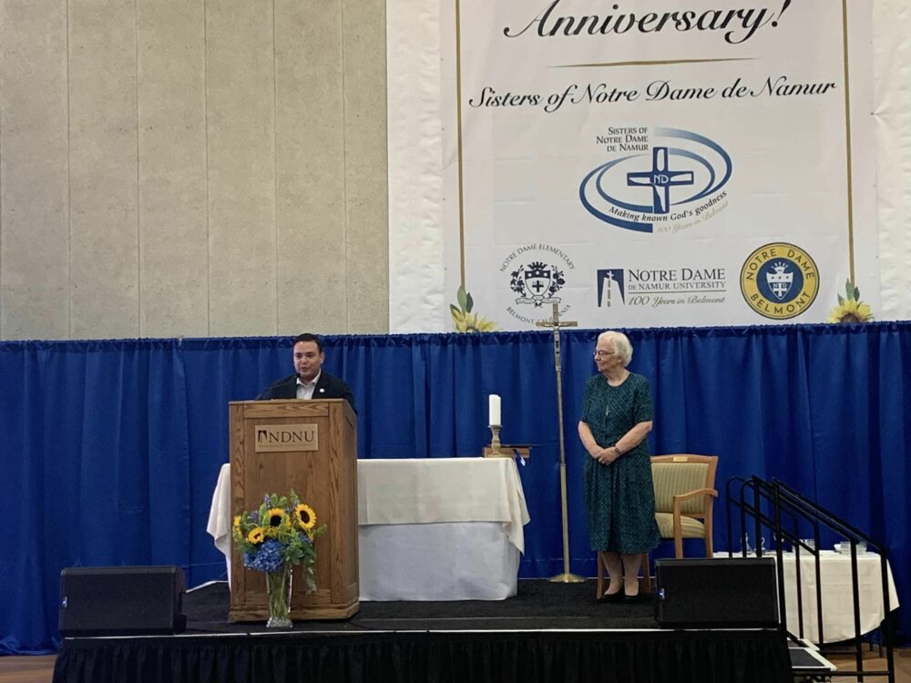Sister Jean Stoner, SNDdeN, receives a commendation from Governor Gavin Newsom's office on behalf of the Sisters of Notre Dame de Namur.