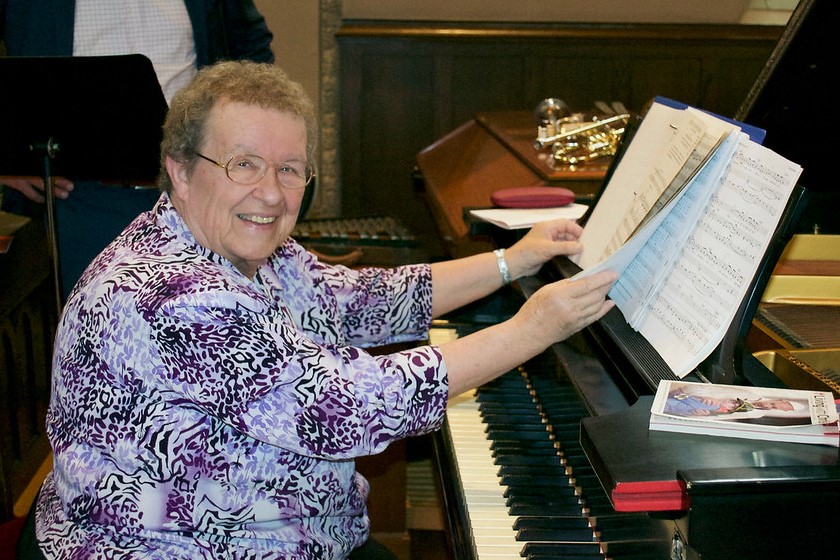 Sister Joan Gregoire prepares to play at the 2018 SNDdeN Jubilee celebration at Emmanuel College in Boston.