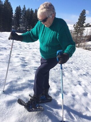 Sister Mavourneen McGinty, SNDdeN, tried snowshoeing for the first time at age 85!
