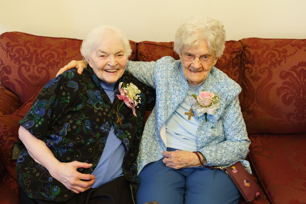 Sister Marie Pero with fellow Jubilarian Sister Elizabeth O'Connor, pictured at the time of the 2023 Jubilee celebration at Emmanuel College in Boston, Mass.