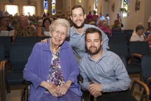 Sister Mary Lonich with two of her grandnephews in 2016 at her 70th Jubilee celebration.