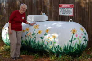 Sister Susan's artwork enhanced the propane tank at the Sisters' House of Prayer in Carmel, Cal., where she served.