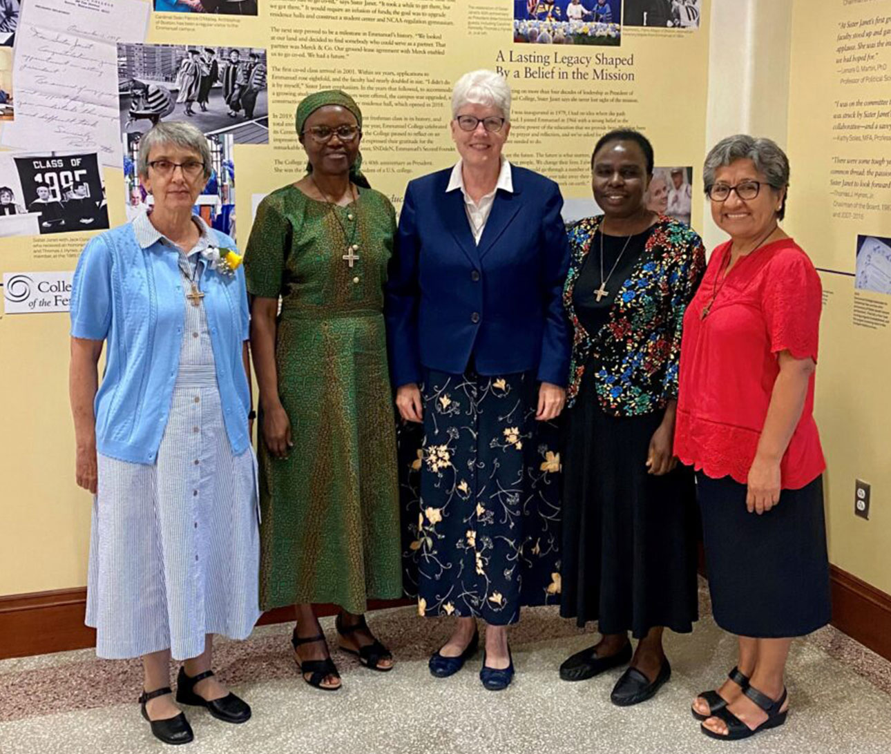Front row: L-R: Sisters Amarachi Grace Ezeonu, Mary Johnson, and Evalyne Aseyo, SNDdeN. Back row: L-R: Sisters Miriam Montero Bereche and Lorraine Connell, SNDdeN