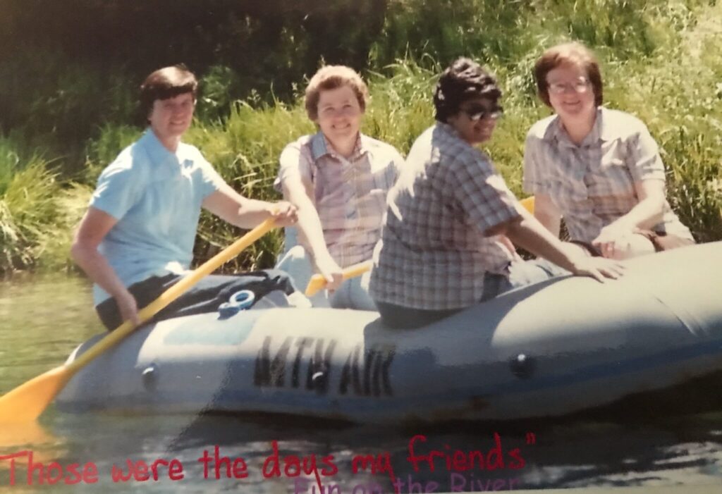 Sisters Vivian Snow, Jeanette Tredway, Ann Carmel Badalamente and Cecilia Wallace floating on Truckee River at Lake Tahoe, Calif.