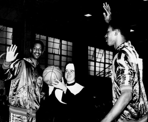 Sister Mary Terence takes on the Harlem Globetrotters at Notre Dame High School, San Jose.